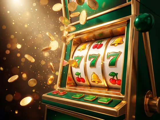 Χρυσά νομίσματα πάνω από slot reel με φρούτα και lucky sevens
