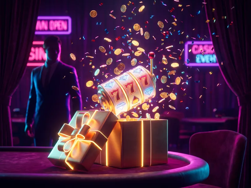 Χρυσό κουτί δώρου με slot machine reels, σύμβολο μπόνους καζίνο